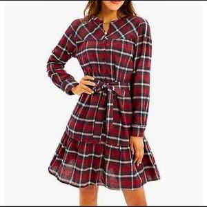 GRACE KARIN Women's Roll Up Sleeve Button Down Plaid Shirt Dress with Belt-Red